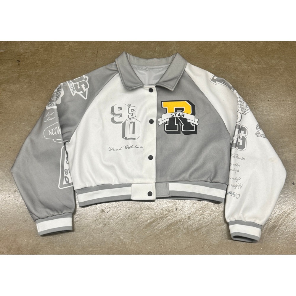 Size 2XL - Grey White Cropped Varsity Bomber Jacket Watch Your Back Graphic